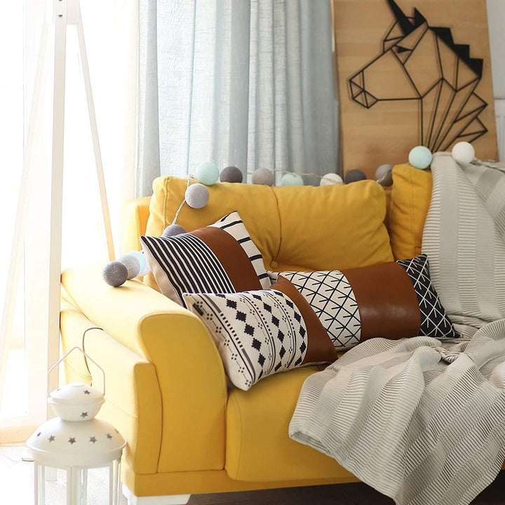 Decorative Faux Leather Pillowcase 12"x20" Brown Geometric Traditional Fur Removable Cover - Diamond Home USA