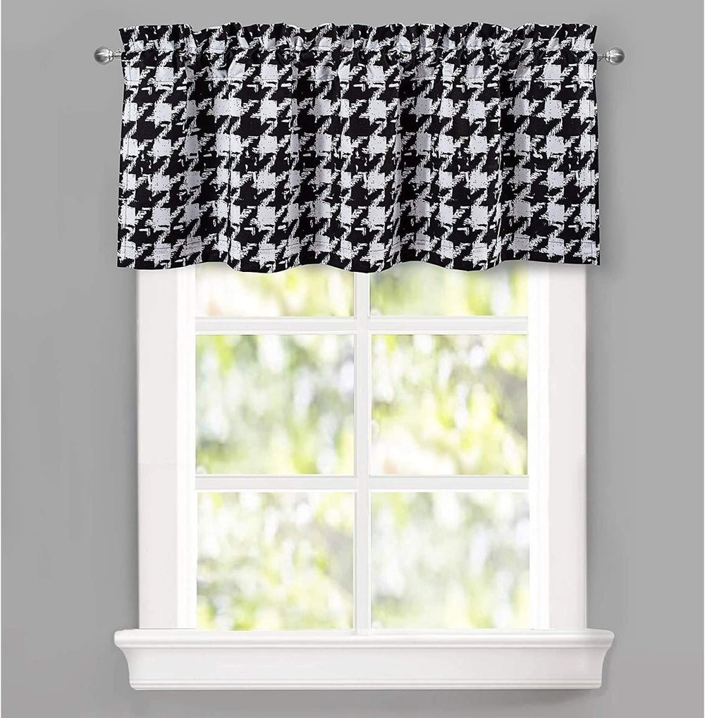 Houndstooth Vintage Plaid Printed Pattern Thermal Insulated Blackout Window Curtain Valance Rod Pocket Single Black Modern Contemporary - Diamond Home USA