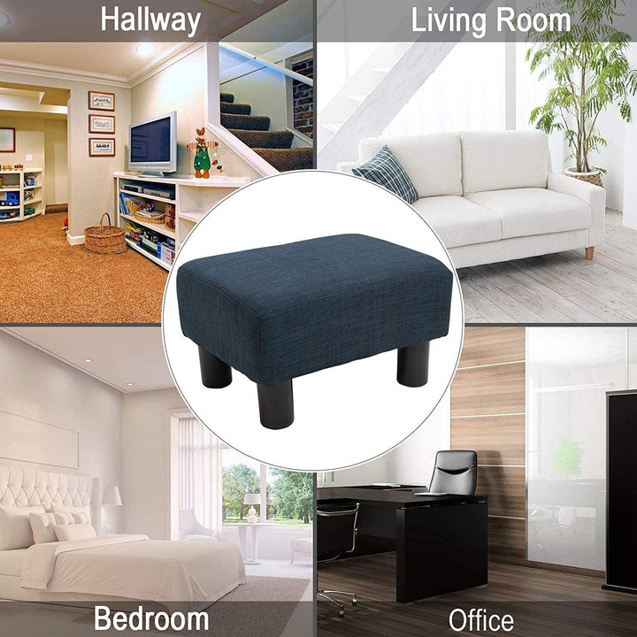 16" Cube Modern Linen Footrest Ottoman Blue Solid Contemporary Rectangle Foam Textured