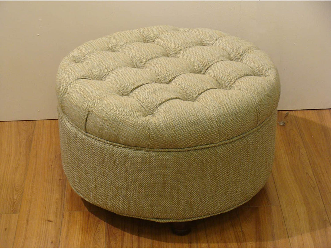 Tan Cream Tweed Tufted Storage Ottoman Solid Casual Round Fabric Foam Wood - Diamond Home USA