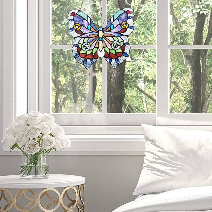 12" h Love Life Butterfly Stained Glass Window Panel 12 5" X 0 5" 12" Purple Bohemian Eclectic Transitional Novelty Handmade Includes - Diamond Home USA