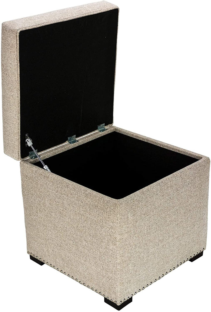 MISC Camel Square Upholstered Nail Trimmed Storage Ottoman Beige Solid Traditional Polyester Wood Finish Nailheads