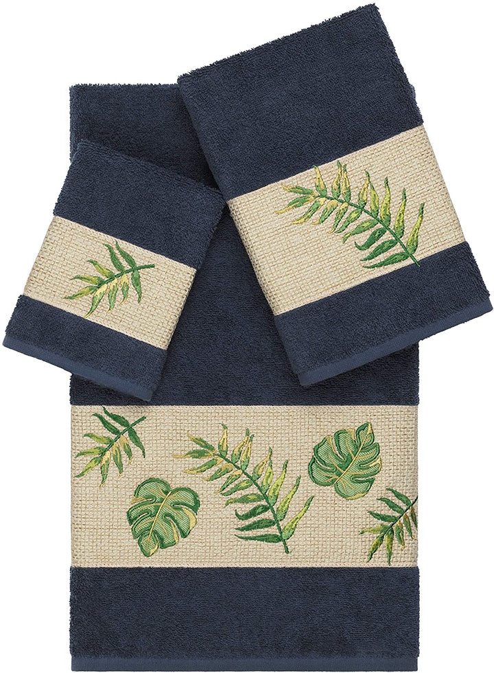 Turkish Cotton Palm Fronds Embroidered Midnight Blue 3 Piece
