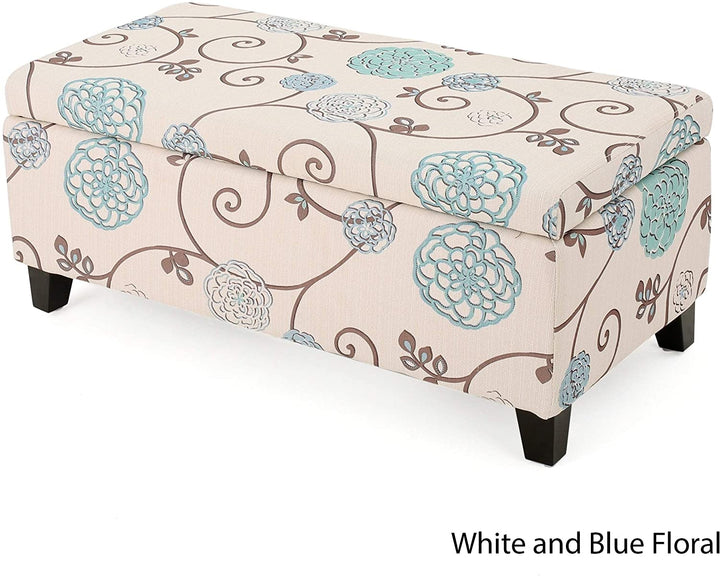 Contemporary Fabric Upholstered Storage Ottoman by Blue White Solid Casual Modern Pattern Rectangle Wood