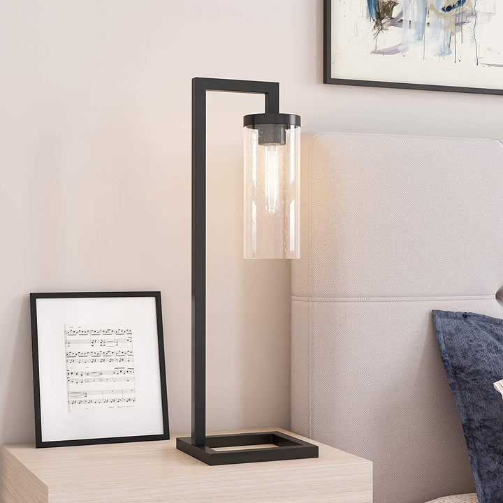 Table Lamp Blackened Bronze Seeded Glass Shade Black