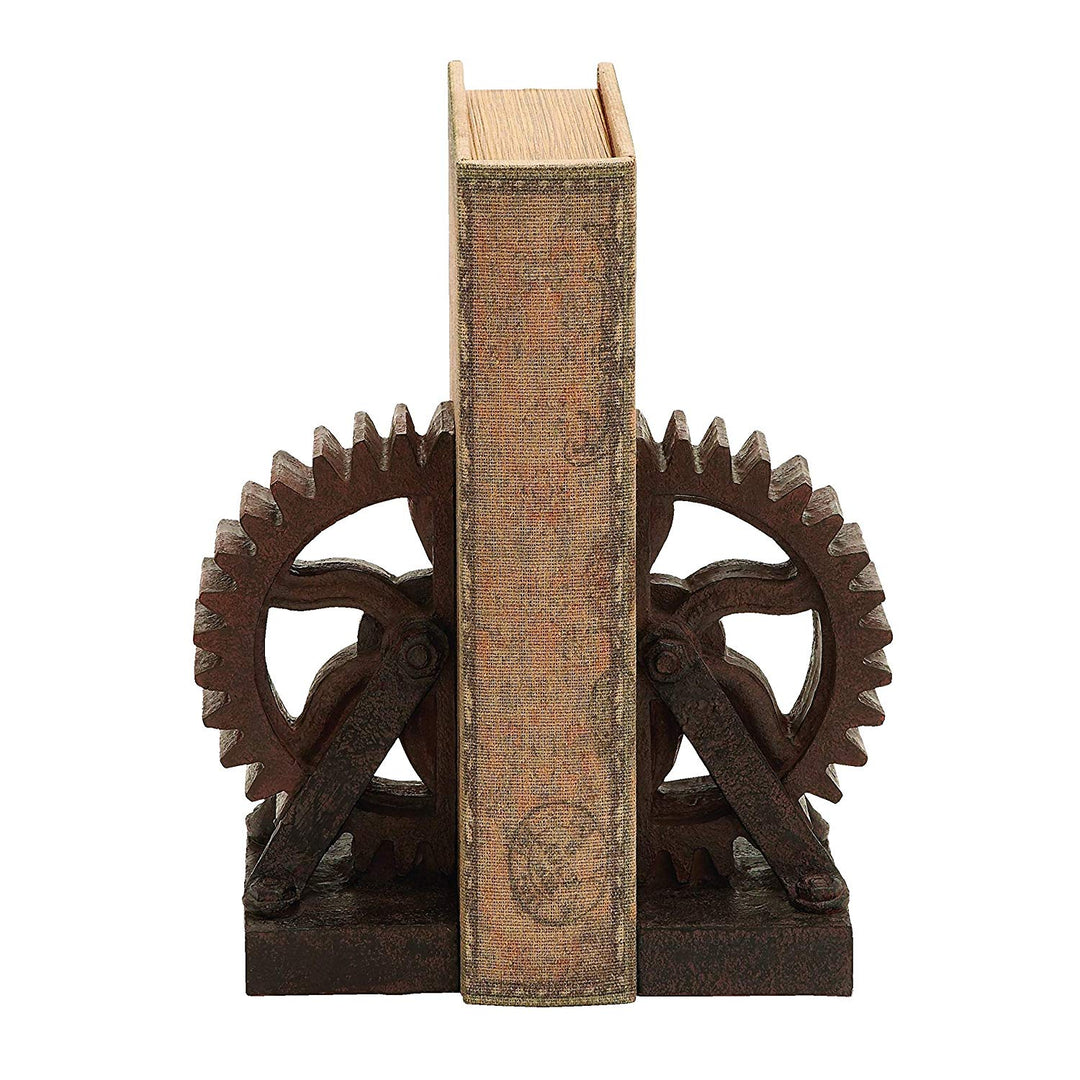 Dark Brown Gear Bookends Set 2 Rustic Machine Parts