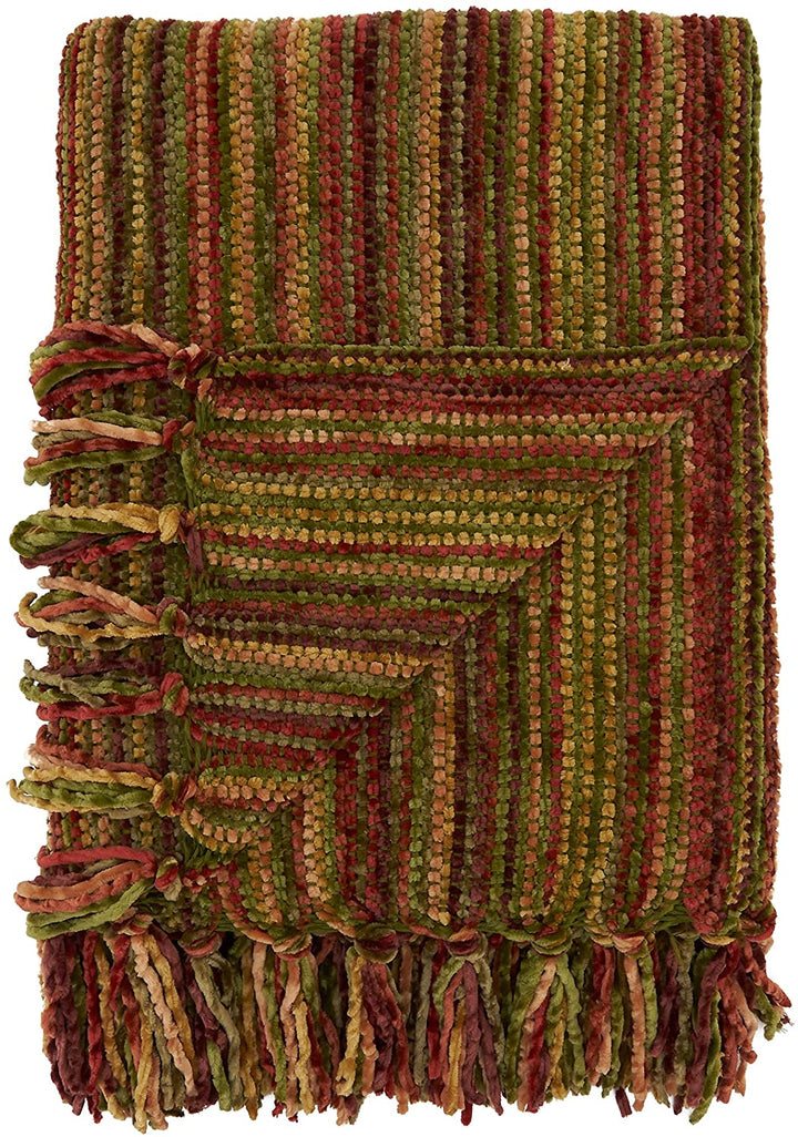 Chenille Throw Blanket Multicolor Design Brown Striped Casual Microfiber - Diamond Home USA