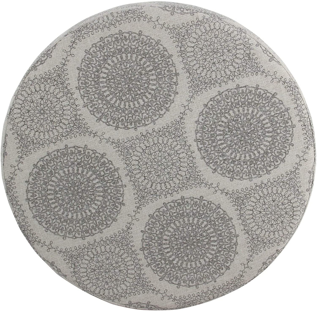 Round Storage Ottoman Gray Medallion Grey Transitional Pattern Fabric Foam Wood Walnut Finish - Diamond Home USA