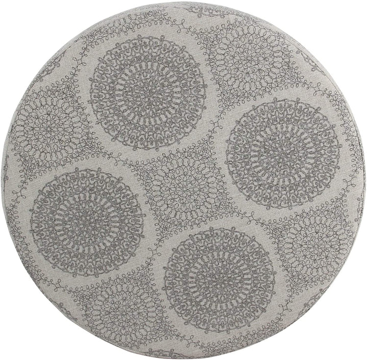Round Storage Ottoman Gray Medallion Grey Transitional Pattern Fabric Foam Wood Walnut Finish - Diamond Home USA