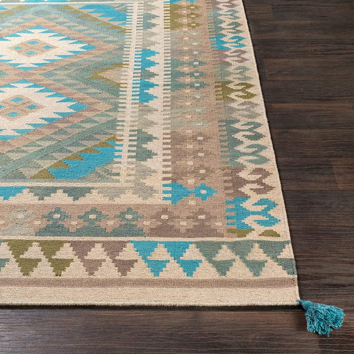 Sage Boho Handmade Wool Accent Rug 2' X 3' Blue Brown Green Bohemian Eclectic Southwestern Rectangle Latex Free