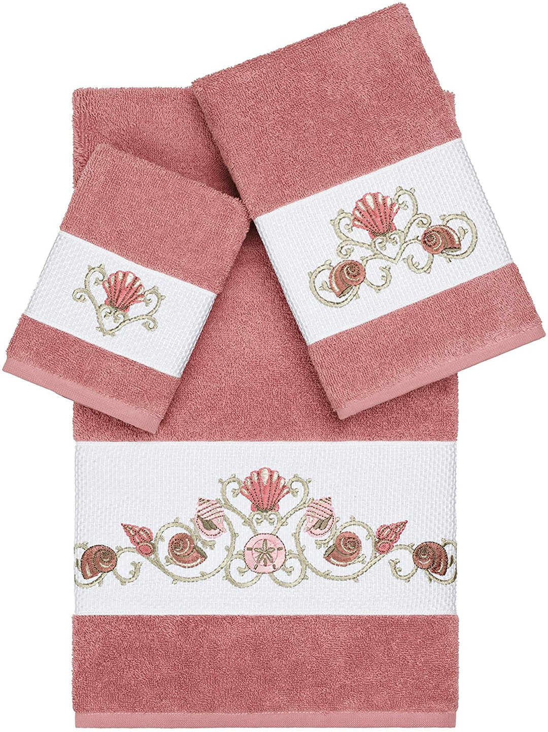 Turkish Cotton Shells Embroidered Tea Rose 3 Piece Towel Set