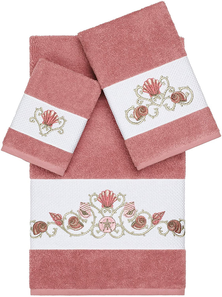 Turkish Cotton Shells Embroidered Tea Rose 3 Piece Towel Set