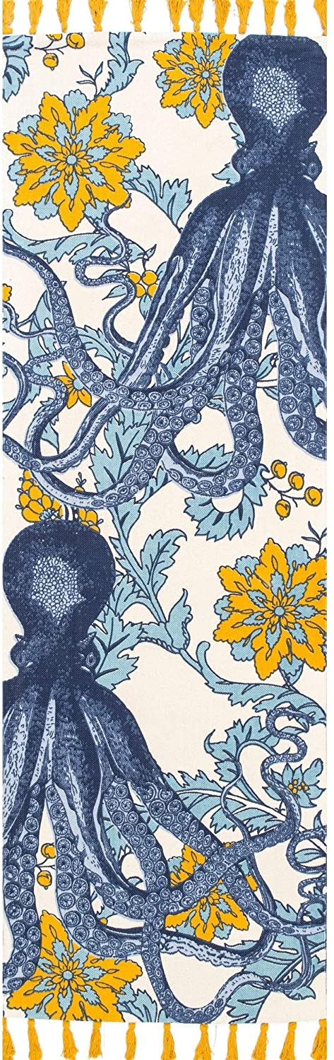 MISC Handmade Cotton Printed Octopus Runner Rug 2' 8" X 12' Blue Abstract Animal Nautical Coastal Novelty Rectangle Natural Fiber Latex Free
