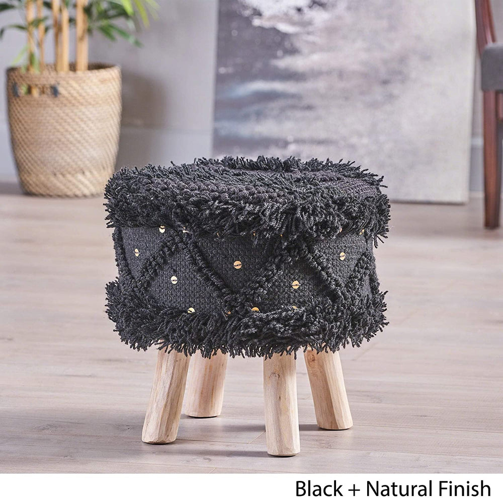 Handcrafted Boho Fabric Stool Metal Accents by Ivory Black White Solid Modern Contemporary Round Wool Wood Finish Nailheads