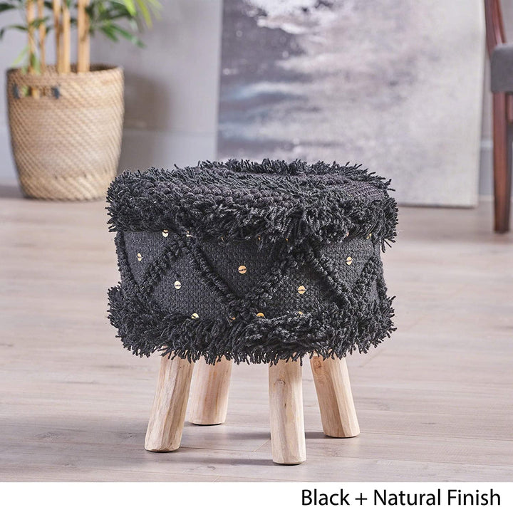 Handcrafted Boho Fabric Stool Metal Accents by Ivory Black White Solid Modern Contemporary Round Wool Wood Finish Nailheads