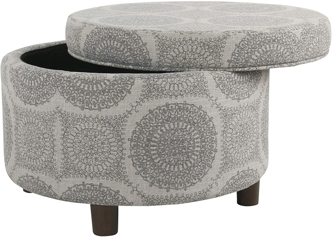 Round Storage Ottoman Gray Medallion Grey Transitional Pattern Fabric Foam Wood Walnut Finish - Diamond Home USA