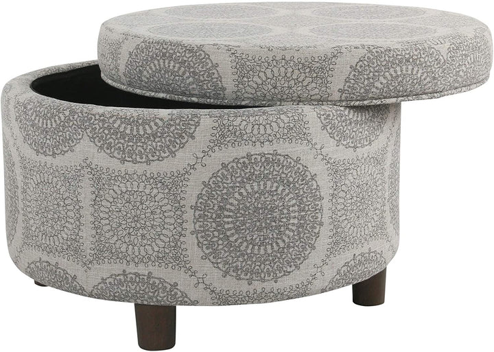 Round Storage Ottoman Gray Medallion Grey Transitional Pattern Fabric Foam Wood Walnut Finish - Diamond Home USA