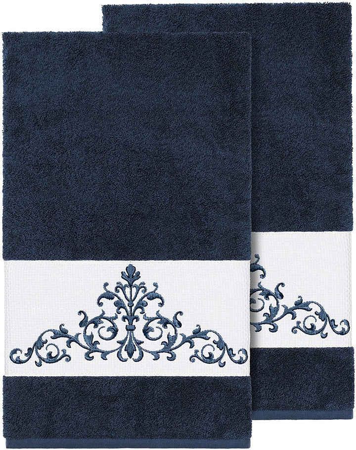 Midnight Blue Turkish Cotton Scrollwork Embroidered Bath