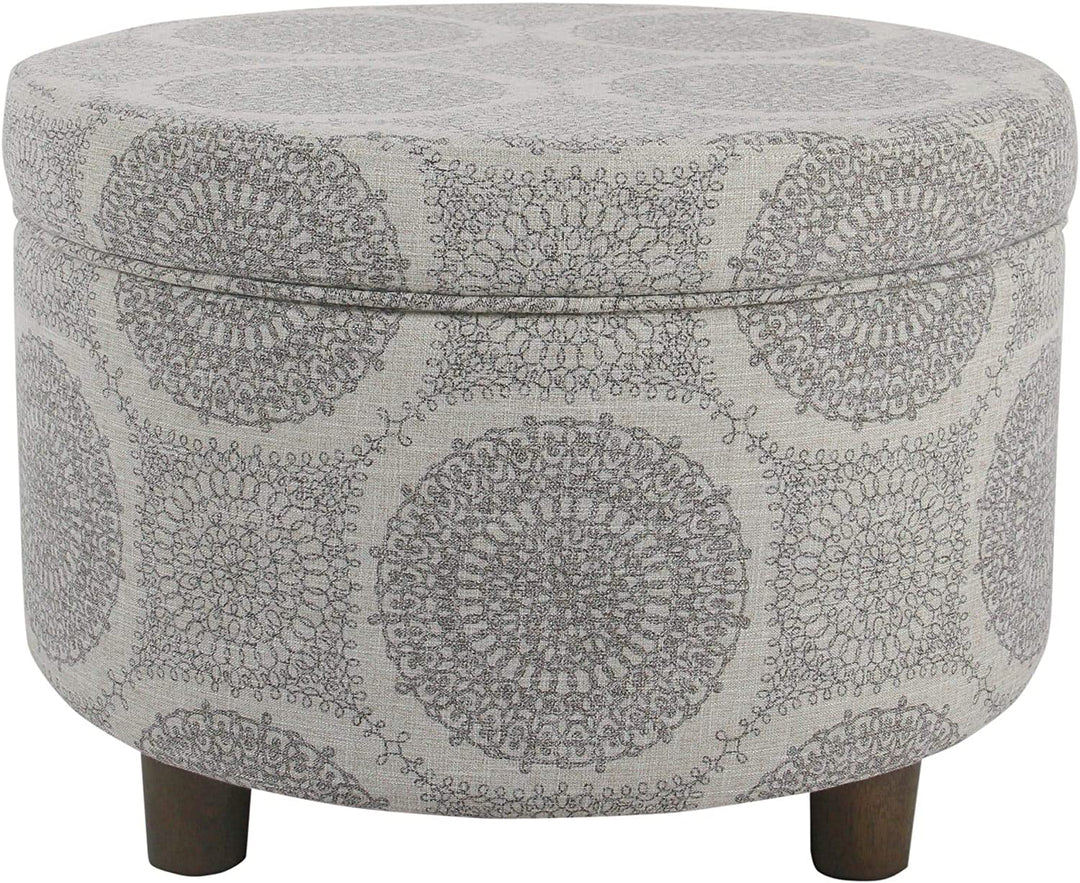 Round Storage Ottoman Gray Medallion Grey Transitional