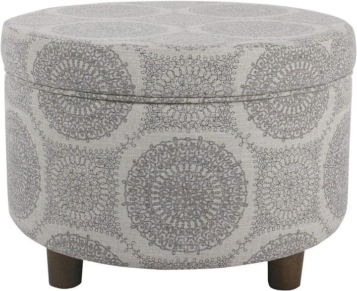 Round Storage Ottoman Gray Medallion Grey Transitional