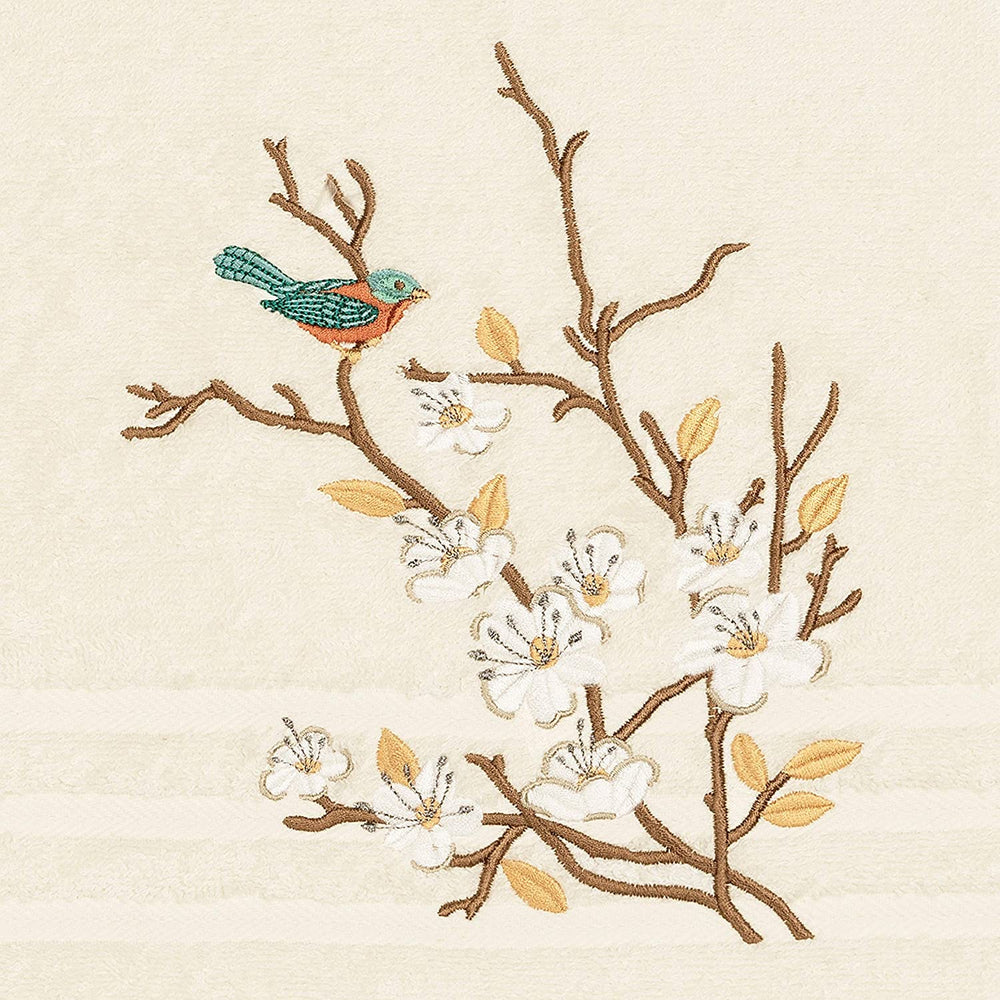 Turkish Cotton Blue Bird Embroidered Cream 2 Piece Bath Towel Set Cream Terry Cloth - Diamond Home USA