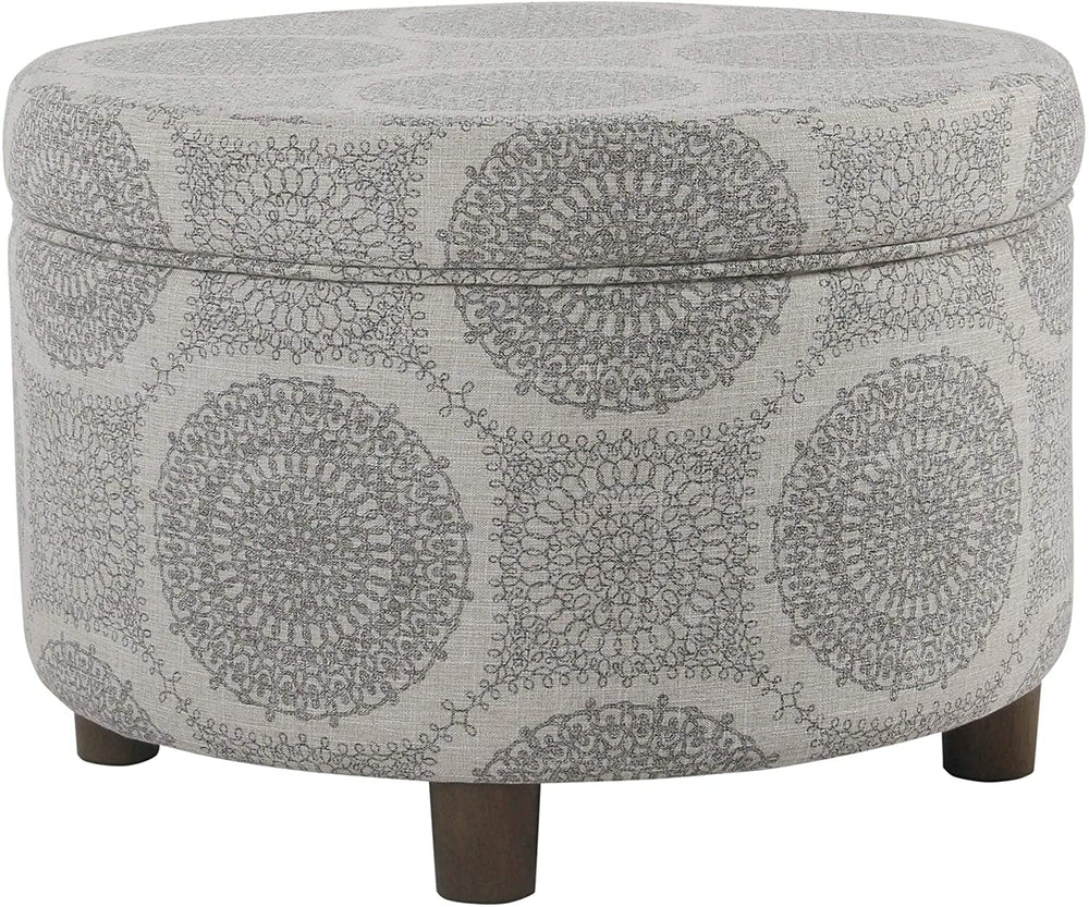 Round Storage Ottoman Gray Medallion Grey Transitional Pattern Fabric Foam Wood Walnut Finish - Diamond Home USA
