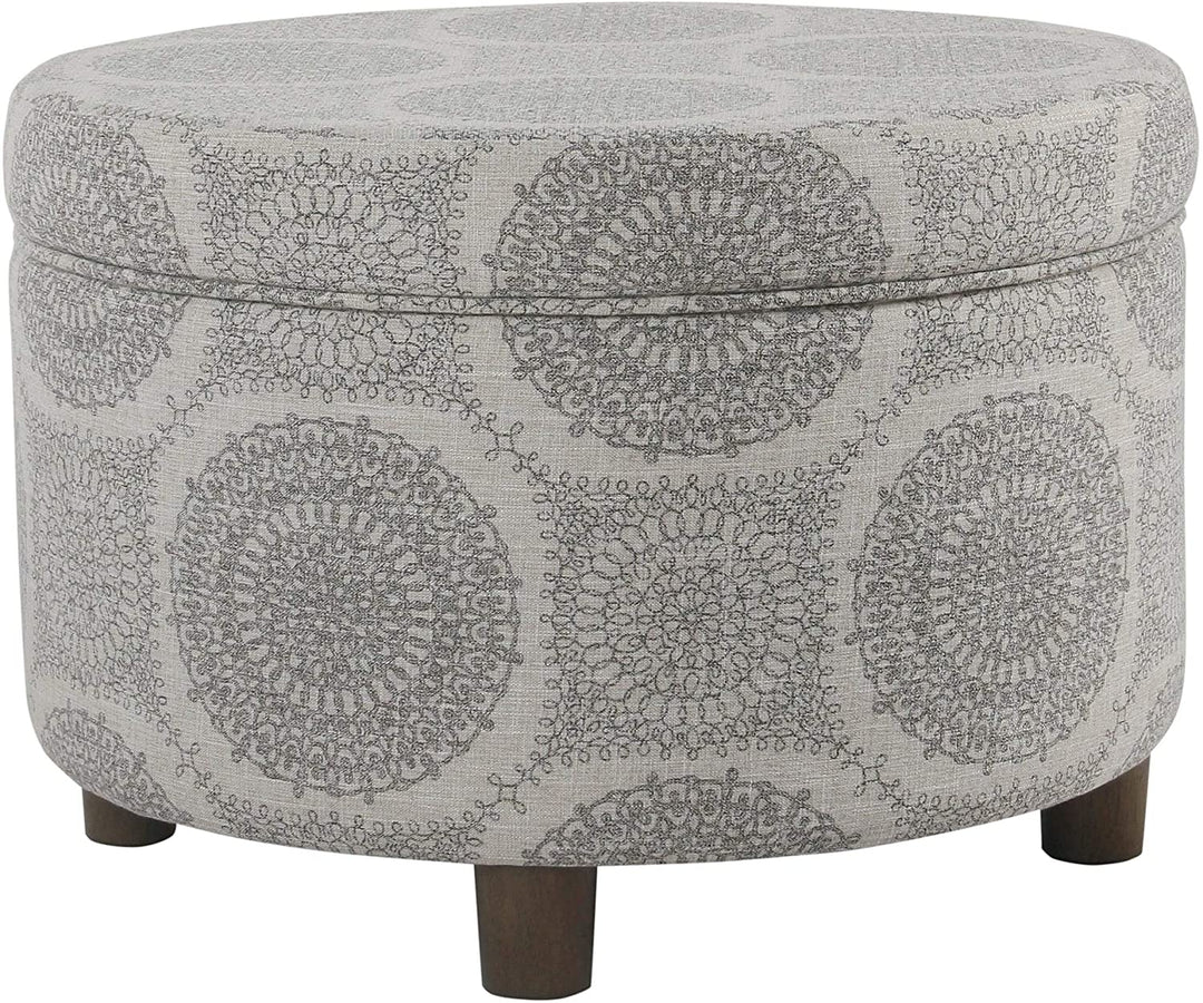 Round Storage Ottoman Gray Medallion Grey Transitional Pattern Fabric Foam Wood Walnut Finish - Diamond Home USA