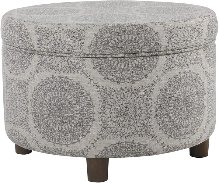 Round Storage Ottoman Gray Medallion Grey Transitional Pattern Fabric Foam Wood Walnut Finish - Diamond Home USA