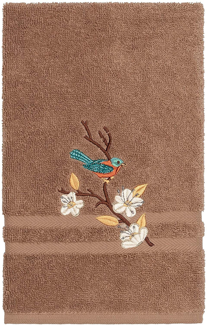 Turkish Cotton Blue Bird Embroidered Latte Brown 4 Piece Towel Set Cloth - Diamond Home USA