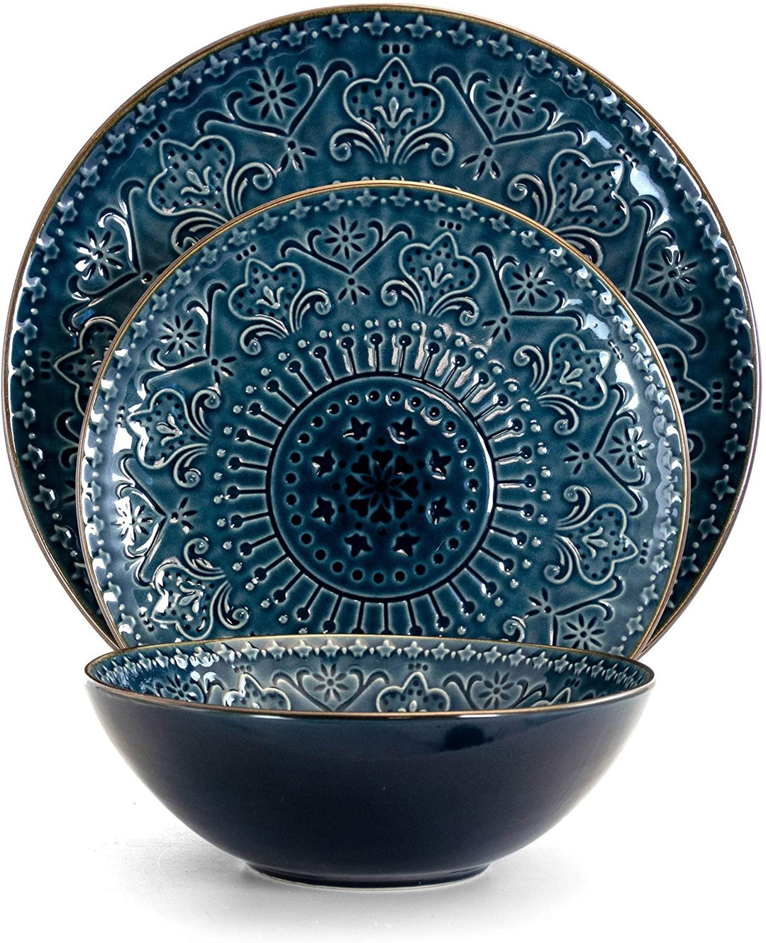Deep Ocean Mandala 16 Piece Round Stoneware Dinnerware Set Blue Textured Casual Microwave Safe - Diamond Home USA