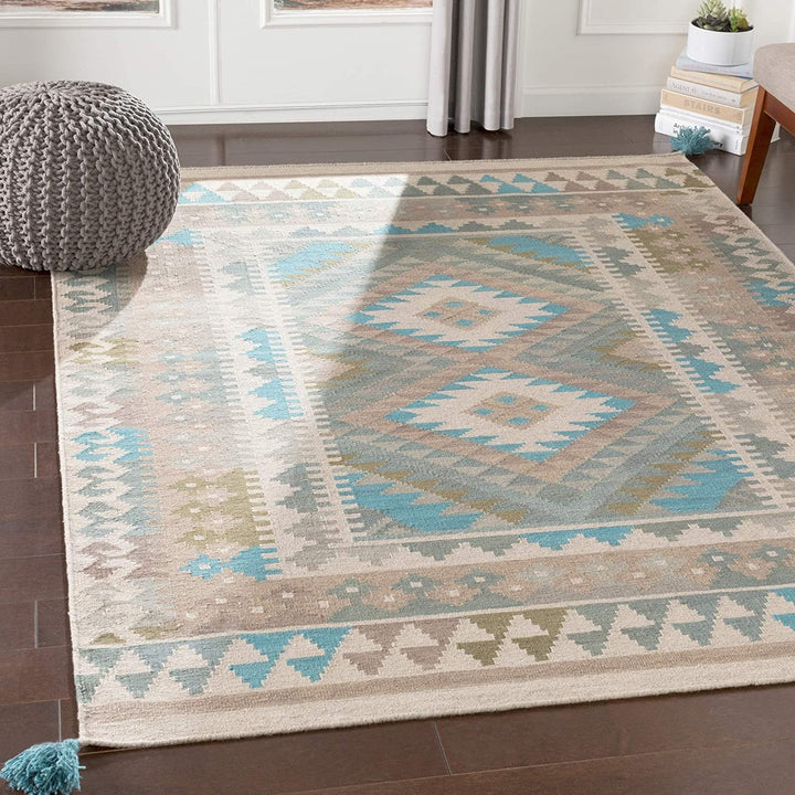 Sage Boho Handmade Wool Accent Rug 2' X 3' Blue Brown