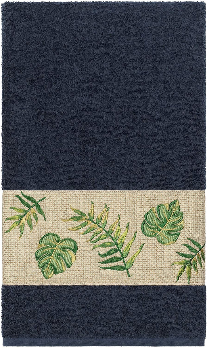 Turkish Cotton Palm Fronds Embroidered Midnight Blue 3 Piece Towel Set Cloth - Diamond Home USA