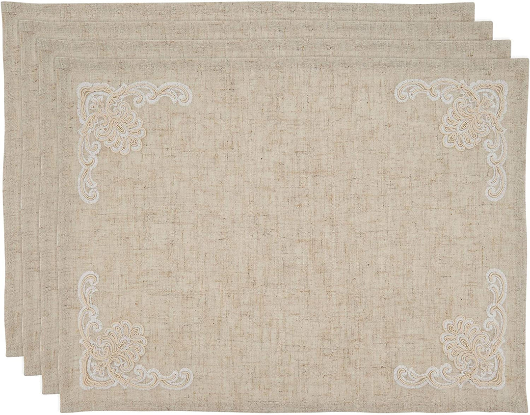 MISC Embroidered Design Placemats (Set 4) Tan Linen Polyester