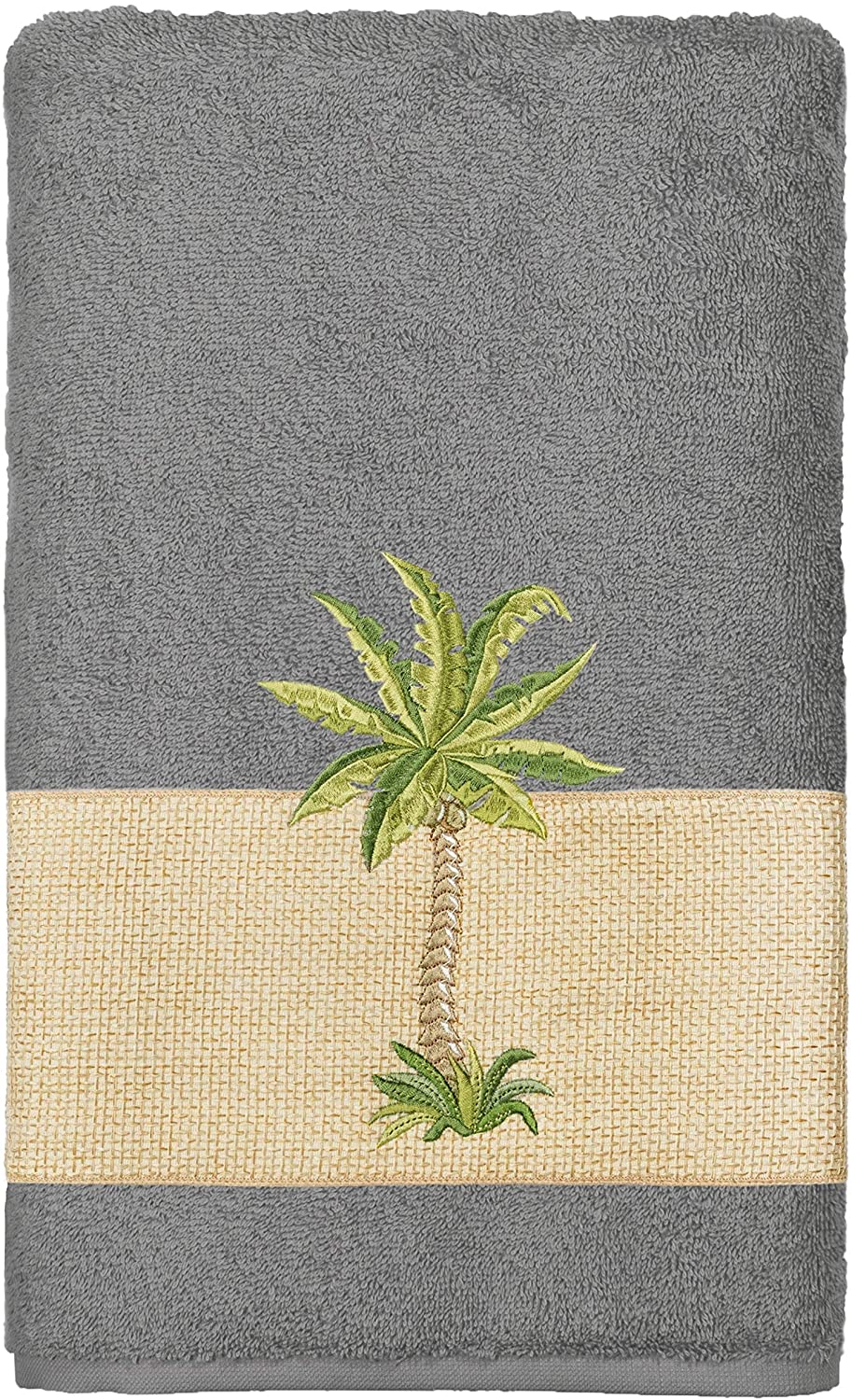 Turkish Cotton Palm Tree Embroidered Charcoal Grey 4 Piece Towel Set Color Block - Diamond Home USA