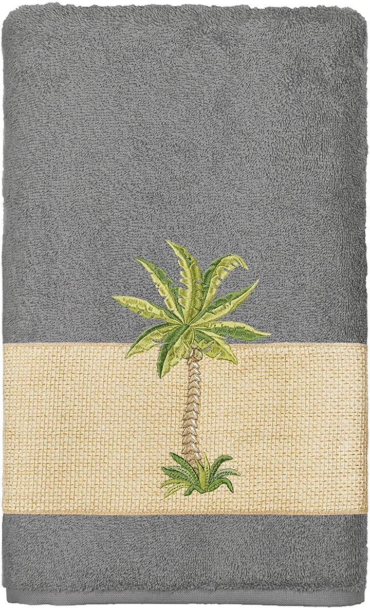 Turkish Cotton Palm Tree Embroidered Charcoal Grey 4 Piece Towel Set Color Block - Diamond Home USA