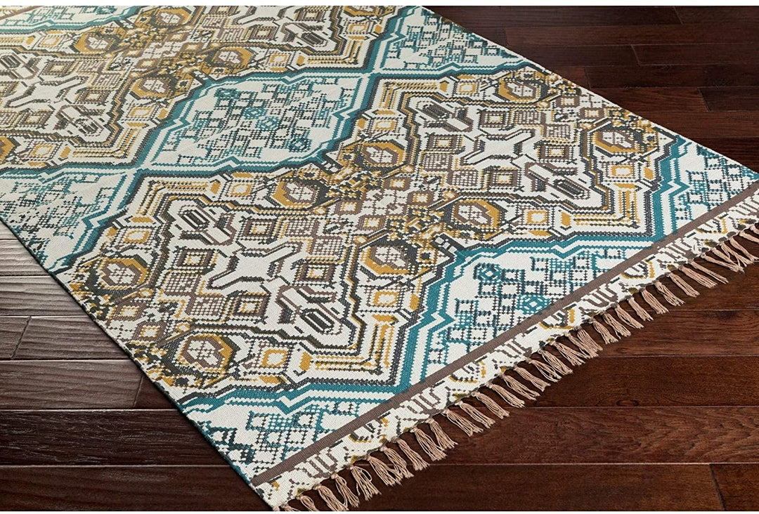 Hand Woven Even Cotton Area Rug 2'6" X 8' Runner Blue Yellow Nature Southwestern Traditional Transitional Rectangle Natural Fiber Latex Free Handmade