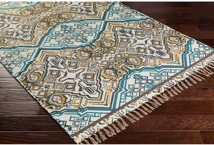 Hand Woven Even Cotton Area Rug 2'6" X 8' Runner Blue Yellow Nature Southwestern Traditional Transitional Rectangle Natural Fiber Latex Free Handmade
