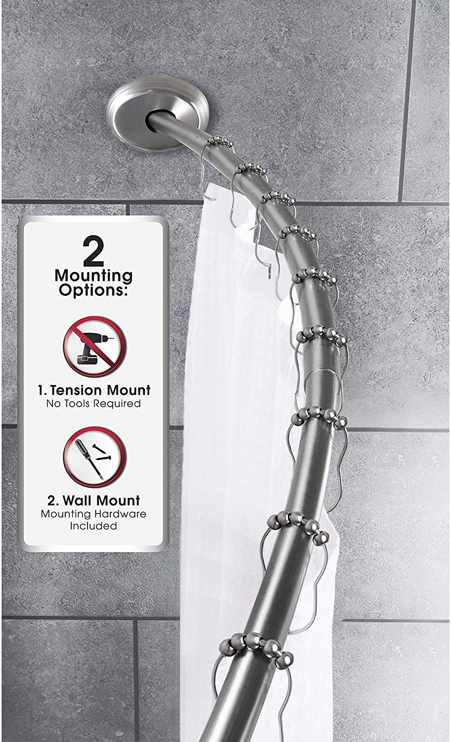 Silver Shower Curtain Rod Curved Dual Mount Shower Curtain Pole Bathroom Shower Curtain Bar Adjusts from 50 inches 72 Inches Metal