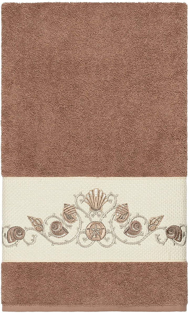 Turkish Cotton Shells Embroidered Latte Brown 3 Piece Towel Set Novelty Cloth - Diamond Home USA