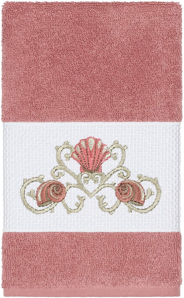 Turkish Cotton Shells Embroidered Tea Rose 3 Piece Towel Set Pink Terry Cloth - Diamond Home USA