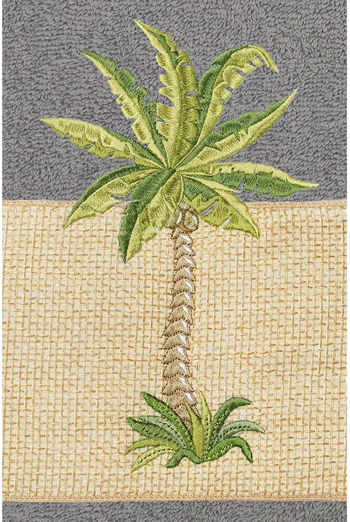 Turkish Cotton Palm Tree Embroidered Charcoal Grey 4 Piece Towel Set Color Block - Diamond Home USA