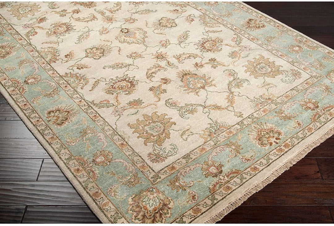 MISC Hand Knotted Green Wool Area Rug 2' X 3' Ivory White Border New Zealand Latex Free Handmade