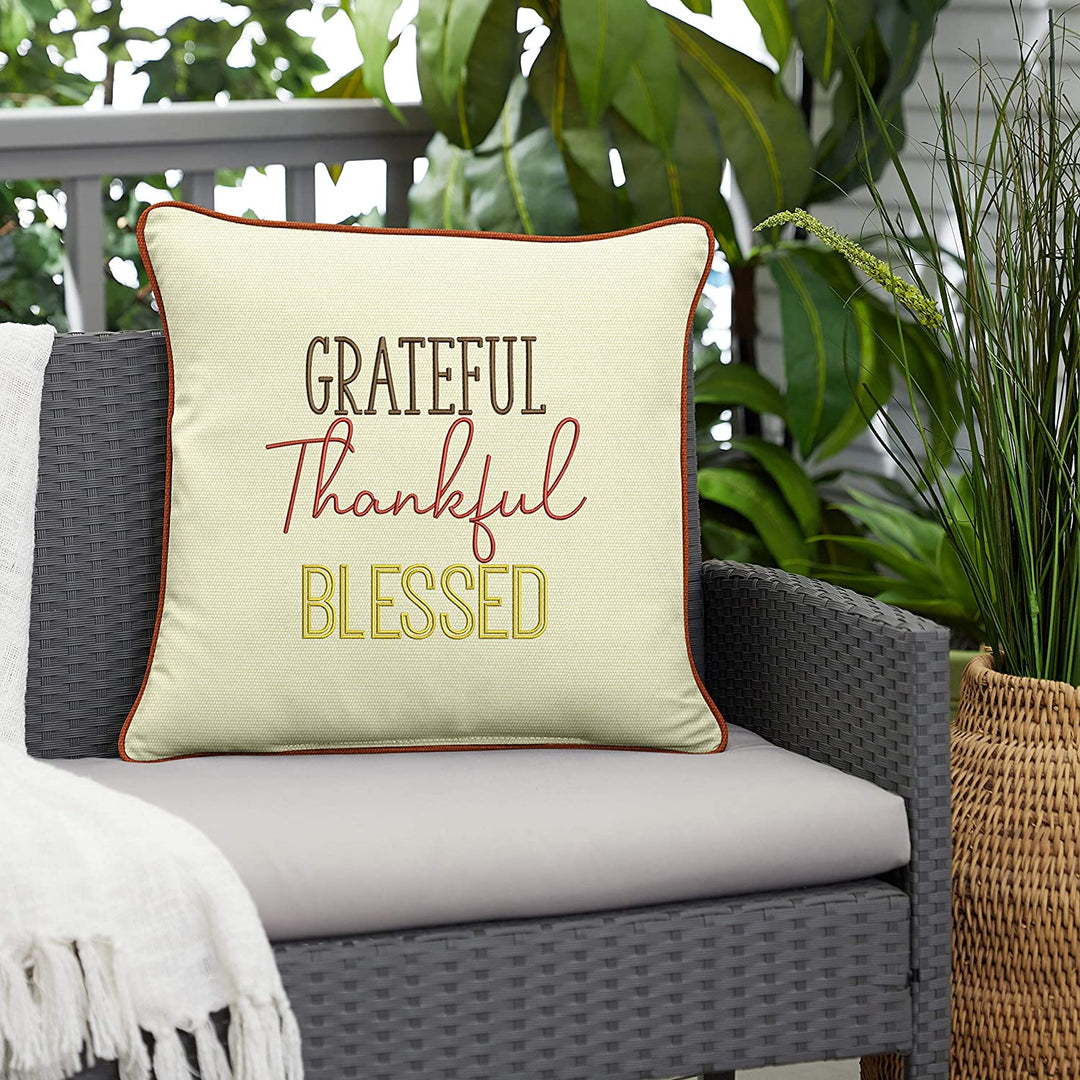 Grateful Thankful Blessed Indoor/Outdoor Pillow Brown Tan
