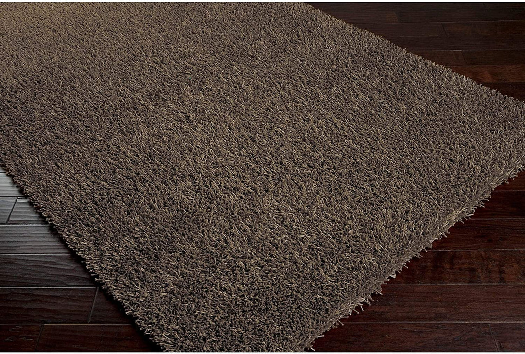 MISC Hand Woven Brown Soft Shag Area Rug 1'9" X 2'10" Black Solid Casual Polyester Synthetic Latex Free Handmade