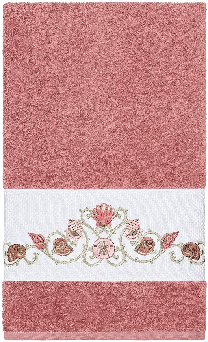 Turkish Cotton Shells Embroidered Tea Rose 3 Piece Towel Set Pink Terry Cloth - Diamond Home USA