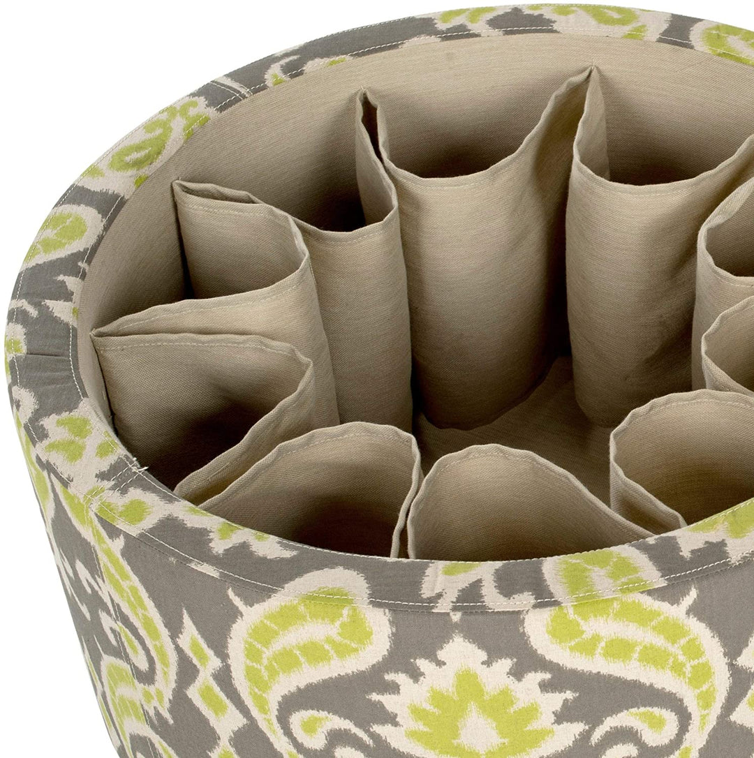 Grass Green Shoe Storage Ottoman Ikat Transitional Pattern Round Brass Metal Tufted