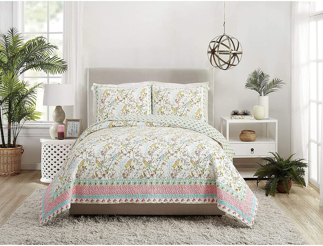Full/Queen Quilt Set 3 Pieces Pink Floral Bohemian