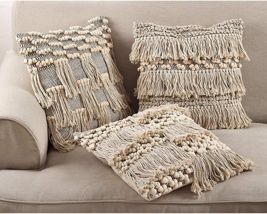 Moroccan Wedding Blanket Design Fringe Cotton Down Filled Throw Pillow Off/White Abstract Bohemian Eclectic Farmhouse Modern Contemporary Single