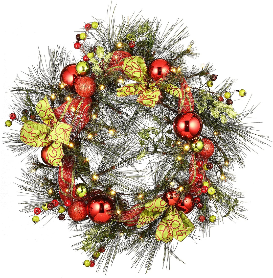 30" Ornament Wreath Battery Operated Led Lights Green