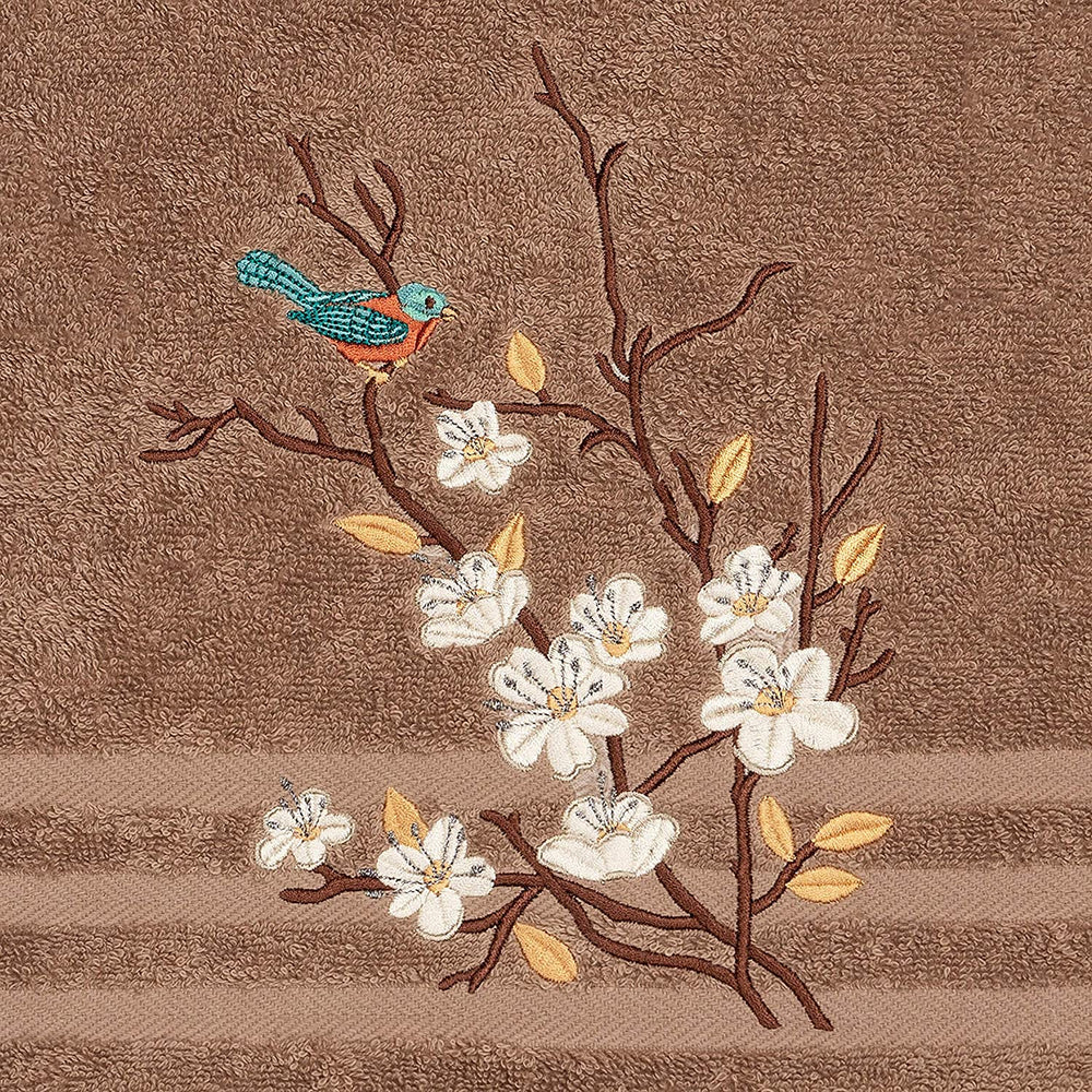 Turkish Cotton Blue Bird Embroidered Latte Brown Bath Towel Terry Cloth - Diamond Home USA